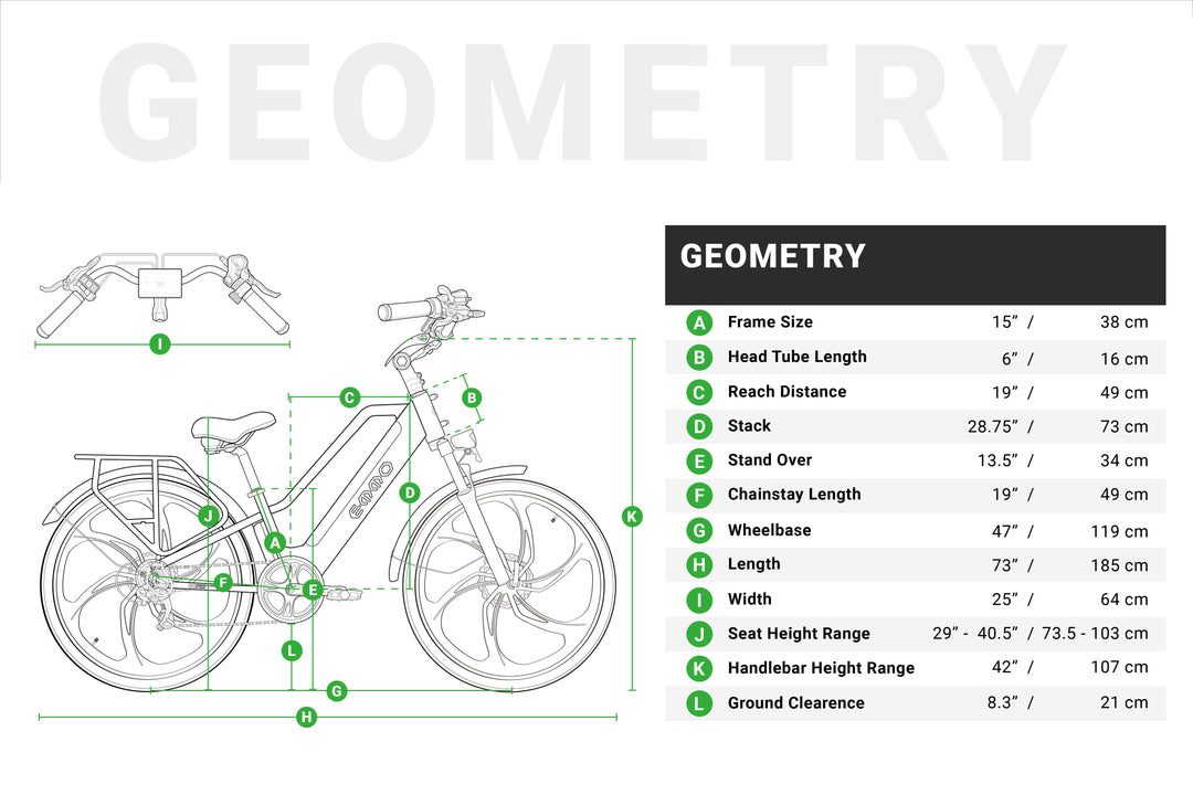 EMMO Trevo Pro reliable multi-purpose electric bike with long-range SafeSeal battery - Geometry Sizing and Fit