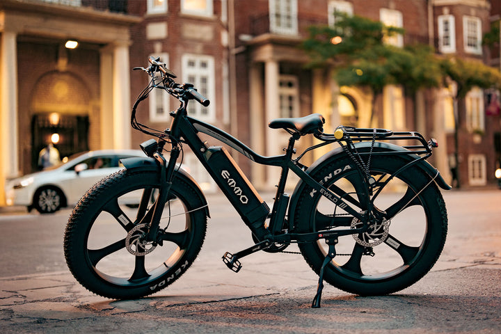 E-Wild Pro Ebike Wide all-terrain fat tires deliver excellent traction and comfort on gravel, snow, or city roads.