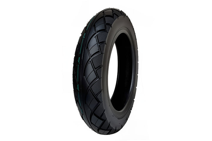 EMMO 10-3.0 scooter tire with dual-shoulder tread grooves, deep curved channels for wet grip, durable rubber design providing smooth handling and low rolling resistance on urban roads