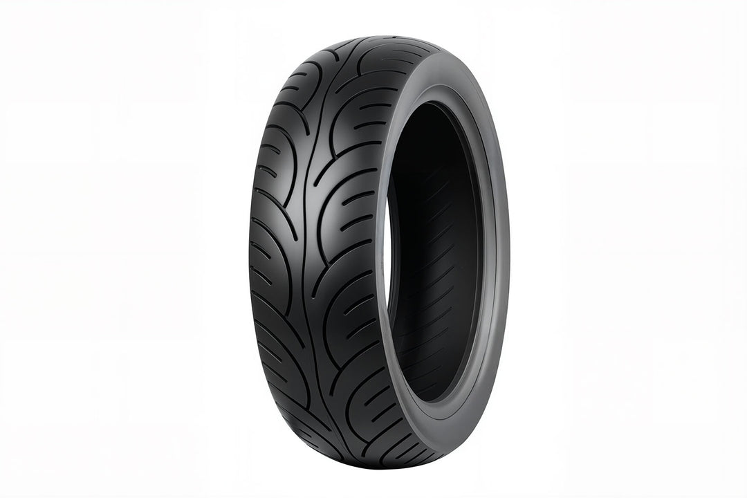 EMMO 120/70-14 scooter tire for wet weather performance, curved tread channels, precision handling and braking stability, long-wear rubber suitable for year-round road use