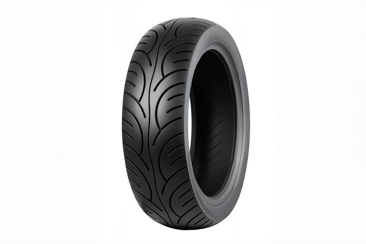 EMMO 120/70-14 scooter tire for wet weather performance, curved tread channels, precision handling and braking stability, long-wear rubber suitable for year-round road use