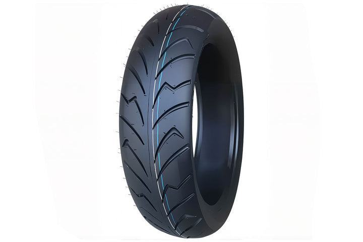 EMMO 110/70-16 motorcycle front tire with directional tread and wide center groove, sport-style design for highway grip and smooth high-speed cornering on electric motorbikes