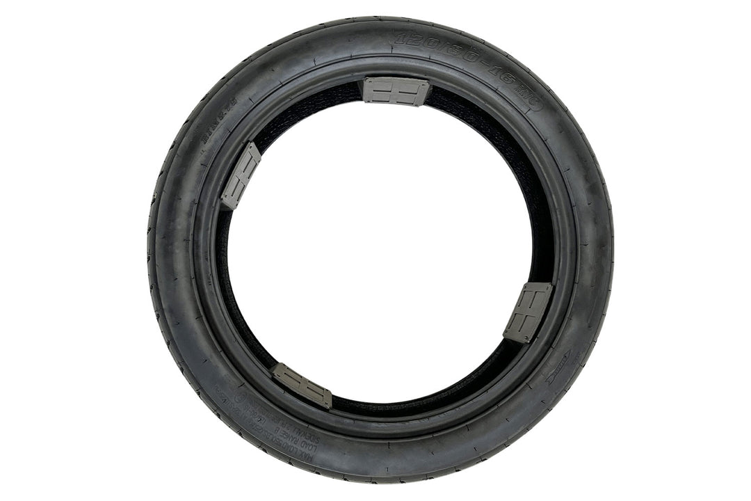 EMMO high-performance 120/80-16 ebike tire displayed on modern electric motorcycle, emphasizing quiet rolling, sleek appearance, and consistent comfort for long-distance urban travel