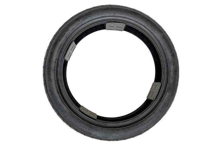 EMMO high-performance 120/80-16 ebike tire displayed on modern electric motorcycle, emphasizing quiet rolling, sleek appearance, and consistent comfort for long-distance urban travel