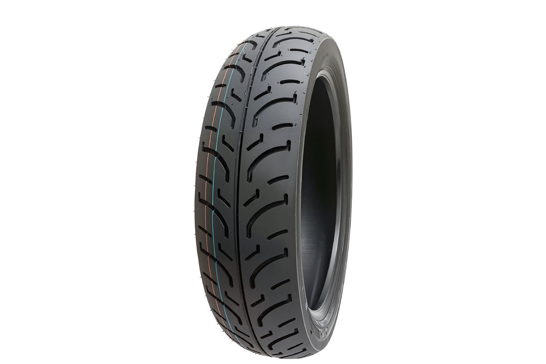 EMMO 120/80-16 motorcycle-style ebike tire featuring dual curved center lines and uniform tread spacing for enhanced road contact and precise directional control