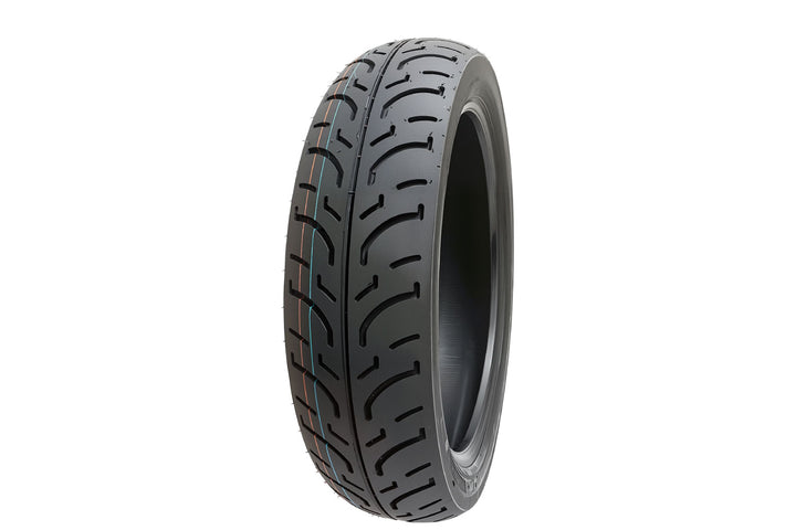 EMMO 120/80-16 motorcycle-style ebike tire featuring dual curved center lines and uniform tread spacing for enhanced road contact and precise directional control