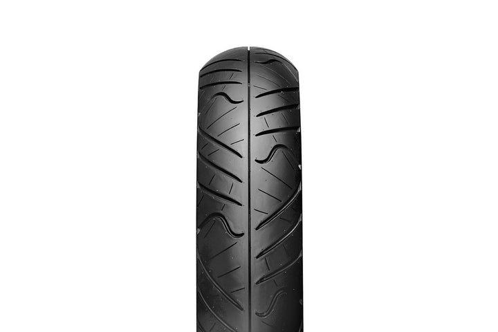 Close-up of 17-inch tire surface with smooth rubber compound and directional grooves, emphasizing refined tread geometry for reduced vibration and enhanced turning response.