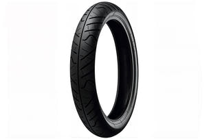 Front view of 110/70-17 tire showing curved drainage channels and center rib pattern, highlighting precision road contact and lightweight construction for improved balance and steering control.