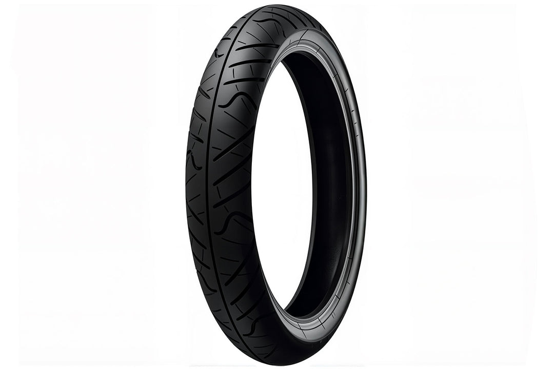 Front view of 110/70-17 tire showing curved drainage channels and center rib pattern, highlighting precision road contact and lightweight construction for improved balance and steering control.