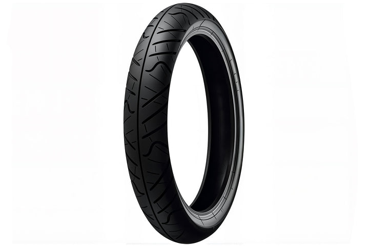 Front view of 110/70-17 tire showing curved drainage channels and center rib pattern, highlighting precision road contact and lightweight construction for improved balance and steering control.