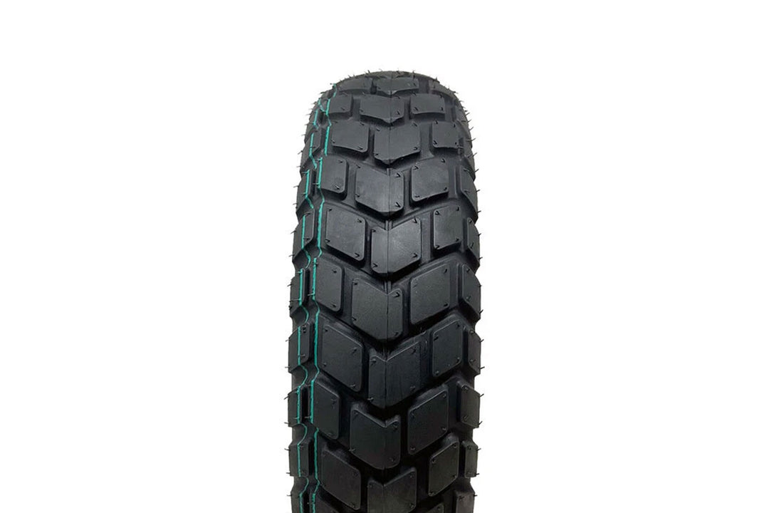 EMMO 16-inch e-motorcycle tire highlighting durable rubber compound, thick sidewall layers, and E-mark certified construction for urban and adventure riding stability