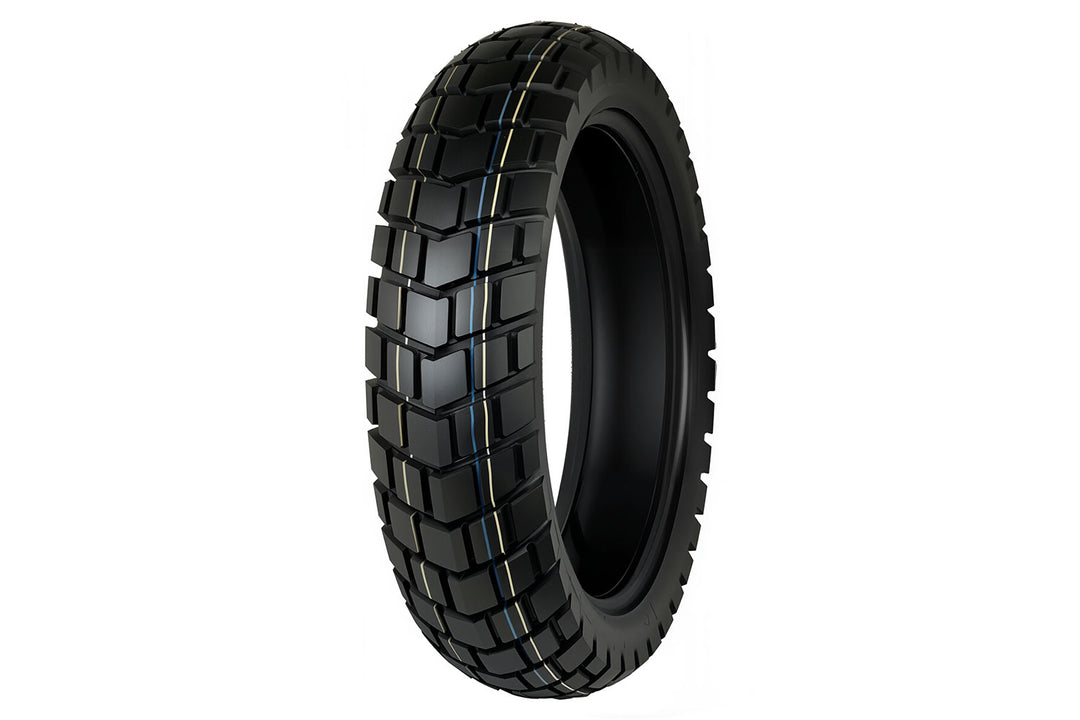 EMMO 120/80-16 electric motorcycle tire showing aggressive block tread design with deep grooves and reinforced shoulders for enhanced control on mixed terrain surfaces
