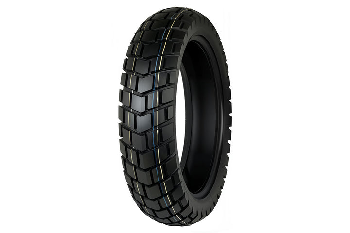 EMMO 120/80-16 electric motorcycle tire showing aggressive block tread design with deep grooves and reinforced shoulders for enhanced control on mixed terrain surfaces