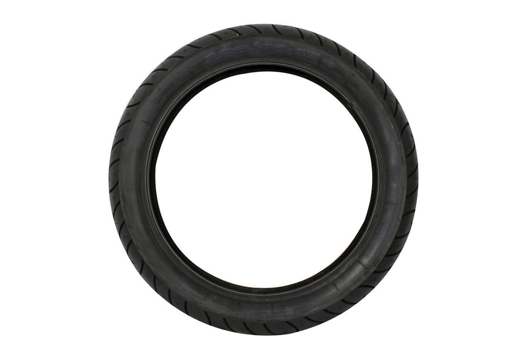 EMMO 120/80-17 ebike rear tire showing balanced curvature and drainage lines, suitable for performance scooters and electric motorcycles in wet or dry commuting conditions