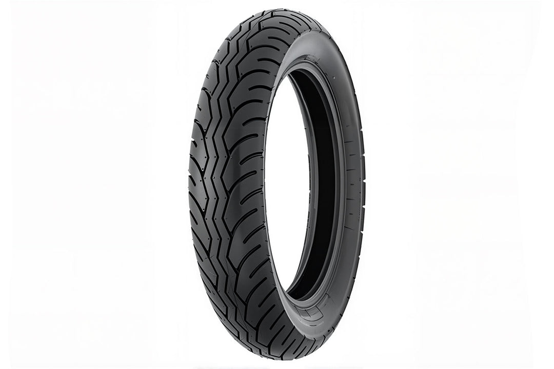 EMMO 120/80-17 motorcycle tire tread pattern showing deep zigzag channels, curved grooves, and wide contact patch for enhanced road grip and precise cornering on electric motorbikes
