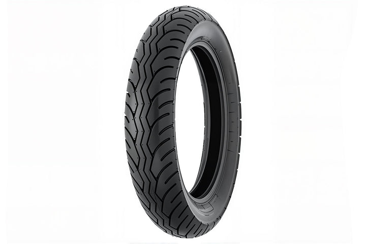 EMMO 120/80-17 motorcycle tire tread pattern showing deep zigzag channels, curved grooves, and wide contact patch for enhanced road grip and precise cornering on electric motorbikes