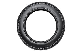 EMMO 16 inch narrow scooter tire fitted on alloy rim highlighting lightweight design, uniform tread blocks, and stable rolling for electric bikes in cold or humid conditions