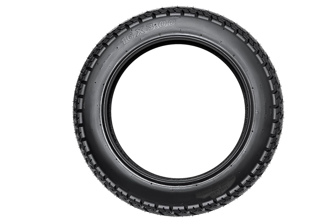EMMO 16 inch narrow scooter tire fitted on alloy rim highlighting lightweight design, uniform tread blocks, and stable rolling for electric bikes in cold or humid conditions