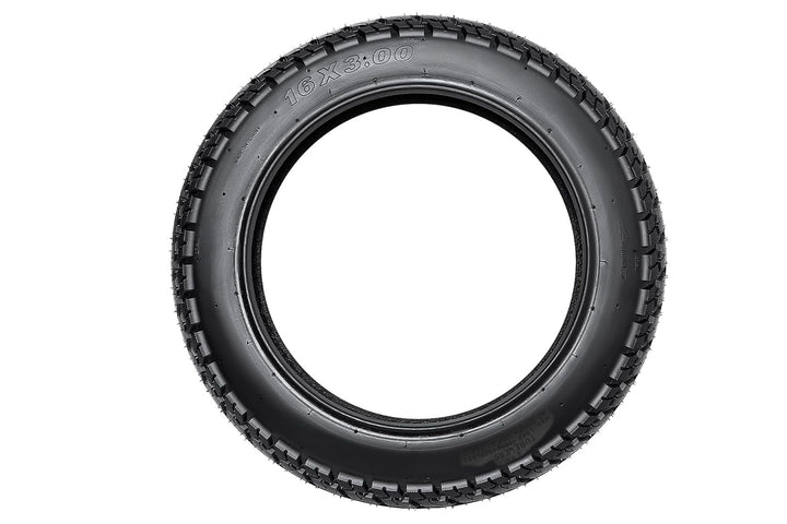 EMMO 16 inch narrow scooter tire fitted on alloy rim highlighting lightweight design, uniform tread blocks, and stable rolling for electric bikes in cold or humid conditions