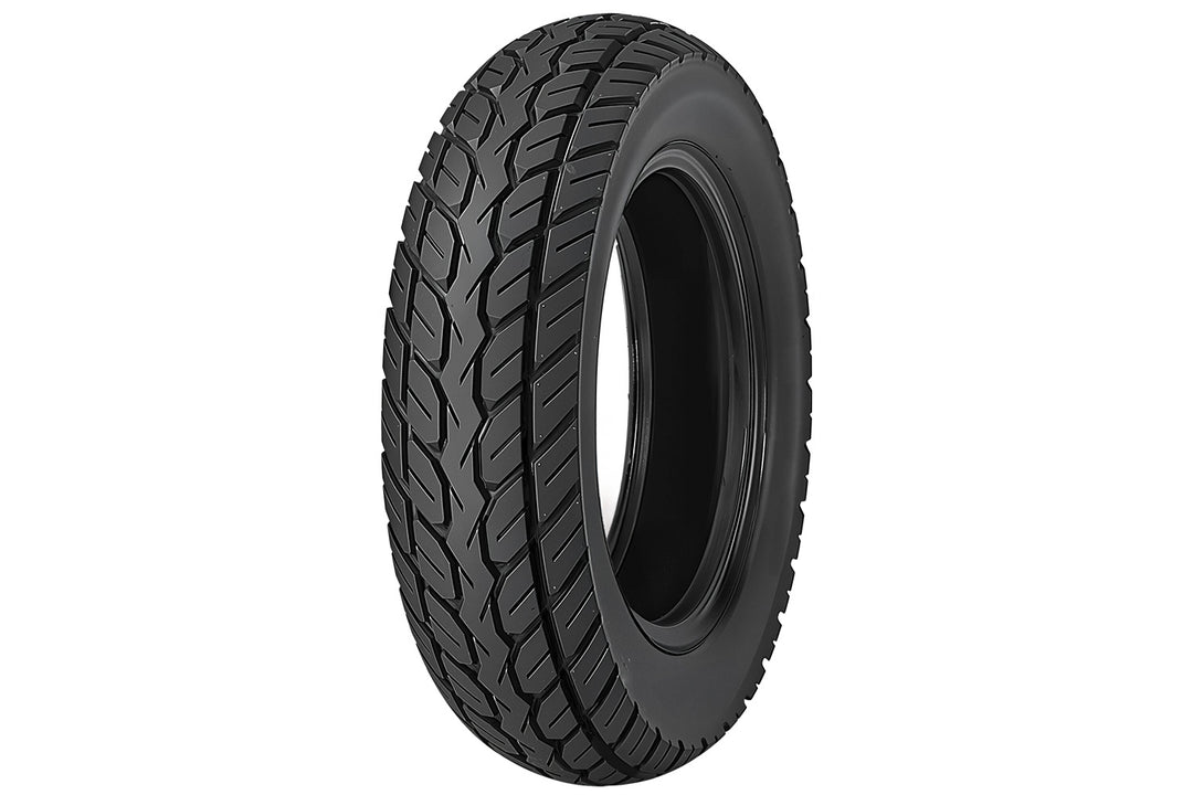 EMMO 130/70-12 electric scooter tire showing zigzag drainage grooves and side blocks for better cornering balance and smooth rolling on city streets and humid pavement