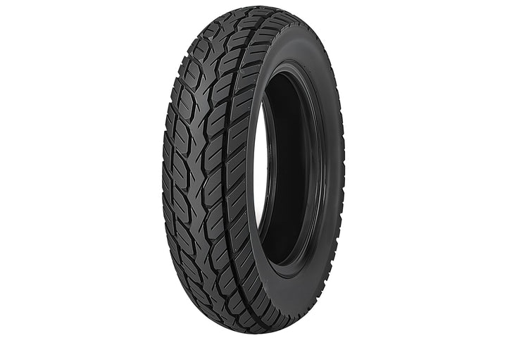 EMMO 130/70-12 electric scooter tire showing zigzag drainage grooves and side blocks for better cornering balance and smooth rolling on city streets and humid pavement