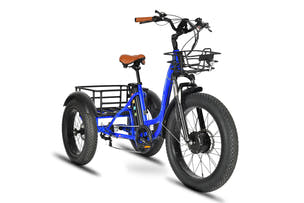 EMMO Trobic Pro Electric Tricycle Blue electric cargo trike featuring 65L+ front and rear storage baskets for daily errands.