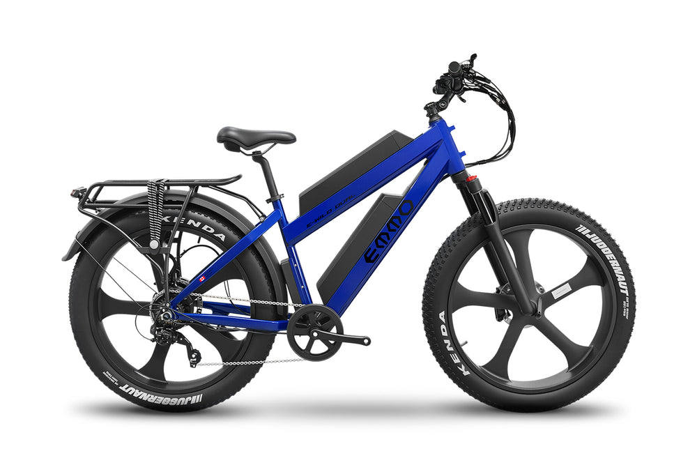 The emmo e wild dual shown with dual battery power, hydraulic brakes, and 26 inch fat tires designed for stability and control on mixed weather and road conditions.