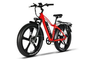 E-Wild Pro Ebike Red long range fat tire ebike with Bluetooth color display and navigation connectivity.