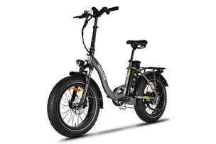 UL Certified Foldable ebike snowy trail, step thru electric bike, 20 inch fat tires, foldable ebike, winter Canada, all terrain capability, deep snow traction, outdoor cycling, cold weather riding, sturdy frame, fat tire adventure, icy road stability, electric winter mobility, rugged terrain, snow ebike travel