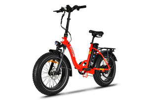 Red Foldable Ebike all terrain ebike, fat tire electric bike, step-thru design, winter Canada, snow covered trail, icy surface traction, 20 inch tires, foldable frame, outdoor ebike riding, cold weather mobility, rugged performance, snow stability, winter commute, heavy duty tires, electric bicycle