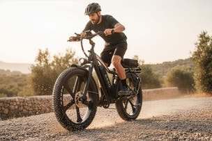E-Wild Pro Ebike Wide all-terrain fat tires deliver excellent traction and comfort on gravel, snow, or city roads.