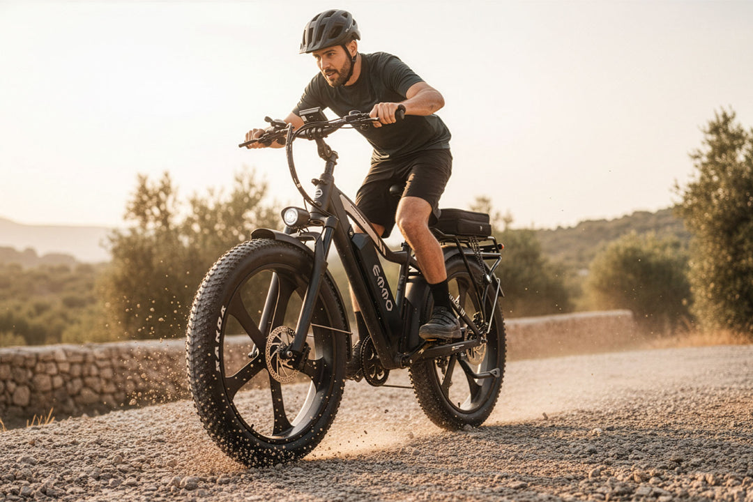 E-Wild Pro Ebike Wide all-terrain fat tires deliver excellent traction and comfort on gravel, snow, or city roads.
