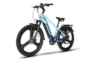 Spurt Pro Ebike Aqua Blue commuter ebike featuring dual-piston hydraulic brakes for controlled stopping power.