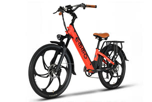 Red VMO Pro ebike for women with full-color display and app navigation connectivity.