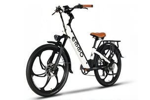 emmo  vmo pro White step-thru low seat ebike featuring dual-piston hydraulic brakes for steady stops.
