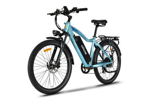 blue long range ebike aluminum rear rack, cargo loading, groceries transport, commuter errands, balanced weight handling, comfortable riding, city routes, SafeGuard battery reliability, hydraulic brakes strength, LED visibility, lightweight design, 26 inch traction, front suspension support, practical ebike, daily utility