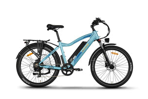 blue ebike light trail adventure, mountain tread tires, gravel paths, forest ride, responsive handling, front suspension cushion, 500W motor support, SafeGuard long battery, intuitive stats, hydraulic braking stability, outdoor exploring, durable frame, confidence on hills, smooth control, enjoyable weekend biking