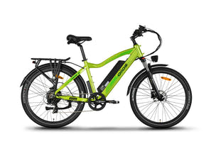 green ebike pedal assist riding, 9 level support, easy acceleration, stop-and-go traffic, urban commuting, safe braking, intuitive display, UL certified safety, lightweight ebike feeling, smooth transitions, SafeGuard battery health, stable 26 inch tires, comfortable frame, relaxed daily ride, efficient mobility